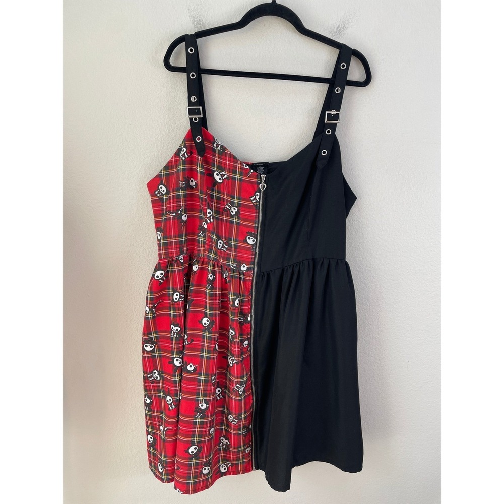 Skelanimals Womens Plus 3X Split Plaid Mini Dress Red Black Goth Emo Punk
